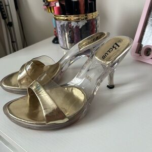 Women's Gold Clear Heeled Slide Sandals
